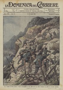 Zwischen den Gipfeln von Monte Chiesa und Monte Campigoletti (über 2000 Meter) durchbrechen die Alpini drei von Achille Beltrame