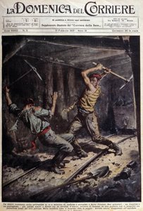 Zwei französische und portugiesische Bergleute kämpfen mit ihren Äxten in einer Galerie wegen einer Liebesgeschichte - Zeichnung von A. Beltrame, in „La Domenica del Corriere“ vom 1. Februar von Achille Beltrame