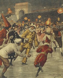 Typische Kostümparty auf dem Eis in Aren in Mailand, von Achille Beltrame, Illustration, Illustrator Achille Beltrame (1871-1945), aus La Domenica del Corriere