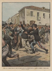 Bescheidene Helden, Soldat Barone schützt einen Offizier mit seinem eigenen Körper während eines Tumults von Achille Beltrame