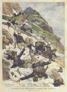 Eine Gruppe von Alpinsoldaten stürzt in eine Schlucht in Breno (Valcamonica) von Achille Beltrame
