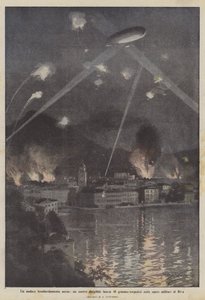 Ein kühner Luftangriff, unser Luftschiff wirft 40 Granaten-Torpedos auf die militärischen Anlagen von Riva von Achille Beltrame