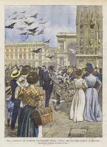 Ein Start von Brieftauben vom Platz des Königspalastes in Mailand von Achille Beltrame
