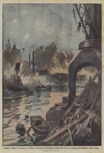 Zweiundzwanzig Caproni, eskortiert von Nieuport-Jägern, bombardieren das Arsenal des Lloyd und die Hangars von Achille Beltrame