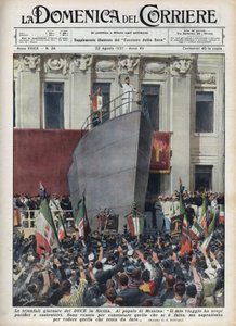 Besuch des Herzogs Benito Mussolini in Messina während einer Reise nach Sizilien. Illustration von Achille Beltrame in 