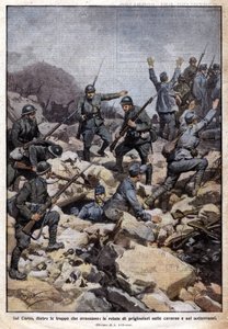 Erster Weltkrieg: Italienische Front auf dem Karstplateau (Trentino) und Gefangene im Untergrund. „Domenica del Corriere“. 07/1917 (Lithographie) von Achille Beltrame