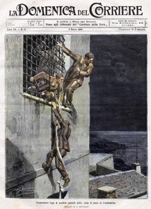 Flucht von drei Gefangenen aus dem Gefängnis von Finalmarina in Italien im Jahr 1907. Illustration von Achille Beltrame für die Domenica del Corriere vom 3. März