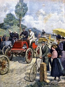 Erste Rundfahrt durch Italien mit dem Auto im Jahr 1901 (Illustration von Achilles Beltrame) von Achille Beltrame