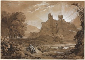 Landschaft mit Schloss und Hirten von Achille Etna Michallon