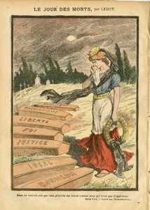 Illustration von Achille Lemot (1846-1909) in Le Pelerin, 03/11/07 - Der Tag der Toten - Gerechtigkeit Prozess, Religion Glaube, Freiheit, Frankreich, Dreifarbige Flagge, Patriotismus, Trauer Beerdigung, Ehre, Sarg - Marianne - Tod, Religiöse Metapher von Achille Lemot