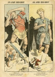 Illustration von Achille Lemot (1846-1909) in Le Pelerin, 05/11/05 - 1070 v. Chr. Jesus Christus 1905 n. Chr. - Antimaconismus Freimaurerei, Religion Glaube, Linker Block, Katholizismus - Laizismus Laizität Laizistische Gesetze - David, Goliath - Geschicht