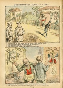 Illustration von Achille Lemot (1846-1909) in Le Pelerin, 06/10/07 - Frage des Tages - Kolonisation Kolonialismus, Antimasonismus, Religion Glaube, Atheismus, Patriotismus, Exil, Katholizismus - Siedler, Entdecker, Sträflinge, Sträflingslager
