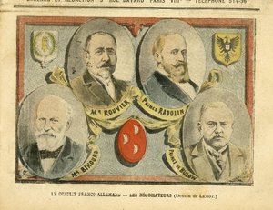 Illustration von Achille Lemot (1846-1909) in Le Pelerin, 09/07/05 - Der französisch-deutsche Konflikt, die Verhandlungsführer - Kolonisation Kolonialismus Kolonien, Deutschland Preußen, Marokko, Frankreich, Tanger - Rouvier Maurice (1842-1911), Bulow Bern