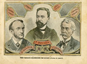 Illustration von Achille Lemot (1846-1909) in Le Pelerin, 23/10/04 - Drei Radikale exkommuniziert vom Bloc - Budget Finanzen, Präsident der Republik, Maritime Marine Nautique Balneaire, Bloc des Linken, Indochina, Öffentliche Arbeiten - Doumer Paul (1857-1