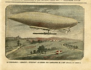 Illustration von Achille Lemot (1846-1909) in Le Pèlerin, 26/11/05 - Das Luftschiff "Lebaudy" über der östlichen Landschaft - Kampagne, Ballons Luftschiffe Zeppeline Aerostation, Lebaudy von Achille Lemot