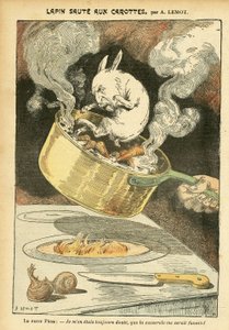 Illustration von Achille Lemot (1846-1909) in Le Pelerin, 29/01/05 - Kaninchenragout mit Karotten - Affaire des Fiche, Gastronomie, Küche - Combes Emile (1835-1921), Kaninchen - Kochtopf - Lebensmittelmetapher, Vermenschlichung