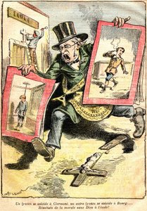 Die Ergebnisse: ein Schüler-Selbstmord in Clermont, ein anderer in Bourg: Ergebnisse der Moral ohne Gott in der Schule! - Karikatur von Achille Lemot (1846-1909) in Le Pelerin (1909) - Opposition von Laizität und religiöser Lehre (katholisch) - ein Beamter von Achille Lemot