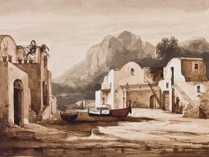 Neapolitanisches Küstendorf, möglicherweise Capri mit Monte Solaro, mit Ergänzungen von Prinz Alfonso Maria di Borbone (Bleistift, Sepia-Waschungen und Gouache auf Papier)