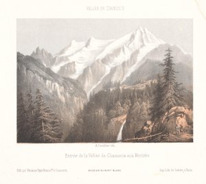 Blick auf Chamonix mit dem Gletscher Mer-de-Glace und der Aiguille du Dru (Herinnering aan Chamonix-Mont-Blanc) von Ad. Cuvillier