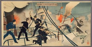 Kabayama, der Chef des Marinestabs, greift feindliche Schiffe von Bord der Saikyomaru an von Adachi  Ginkō