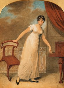 Porträt einer Dame, ganzfigur, in einem weißen Kleid bei einem Klavier, 1801