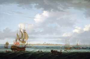 Navigation vor der Küste von Madras (Indien), mit einer Beschreibung des Hafens und der Stadt und der britischen Flagge über Fort Saint George, die die zunehmenden Schwierigkeiten in Indien für das Britische Empire hervorruft