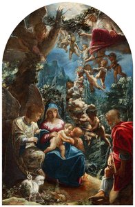 Die Heilige Familie mit dem kleinen Johannes dem Täufer und Engeln von Adam Elsheimer