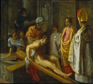 Der Frankfurter Altar der Erhöhung des wahren Kreuzes: Die Prüfung des Kreuzes (Mitte rechts) von Adam Elsheimer