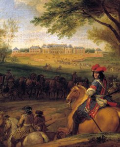 Ankunft von König Ludwig XIV. (1638-1715) vor dem alten Schloss von Versailles im Jahr 1669 von Adam Frans van der Meulen