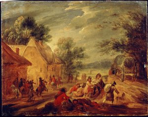 Reiter greifen ein Dorf an. Gemälde von Adam Frans van der Meulen (1632-1690). von Adam Frans van der Meulen