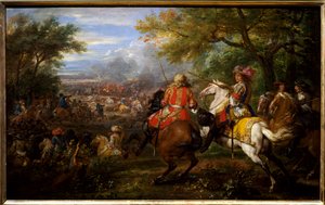 Die französische Armee besiegt die spanische Armee in der Nähe des Brügger Kanals am 31. August 1667. Der König von Frankreich, Ludwig XIV., auf einem weißen Pferd, umgeben von seinen Generälen: François de Créquy und Prinz Louis II. von Bourbon-Condé, gen von Adam Frans van der Meulen