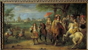 König Ludwig XIV. (1638-1715) und Königin Marie-Therese von Österreich (1638-1683) vor dem Schloss Vincennes im Jahr 1669 von Adam Frans van der Meulen