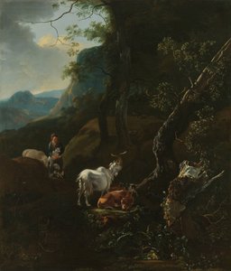 Eine Schäferin mit Tieren in einer bergigen Landschaft von Adam Pijnacker