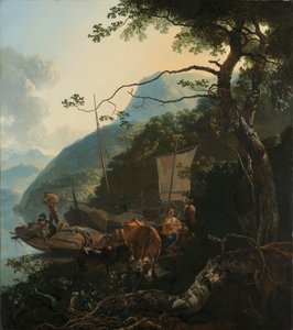 Bootsmänner am Ufer eines italienischen Sees von Adam Pijnacker