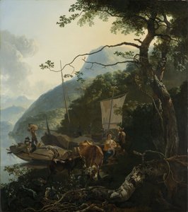 Bootsmänner am Ufer eines italienischen Sees, 1650-70 von Adam Pynacker