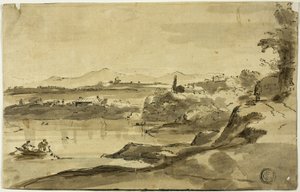 Landschaft mit Fischer im See