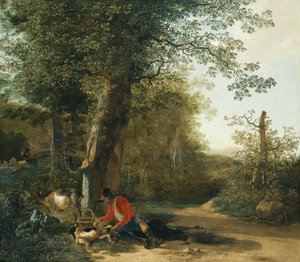 Bauer spielt mit seinem Hund am Waldrand von Adam Pynacker