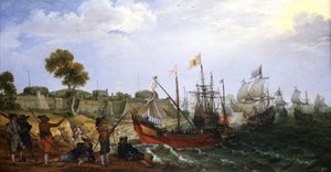 Ein niederländisches Kriegsgeschwader greift eine spanische Kolonialfestung an, verteidigt von Booten