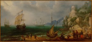 Felsige Küstenlandschaft mit Segelschiffen und Fischern
