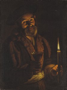 Alter Mann, der eine Kerze und ein Glas hält von Adam de Coster