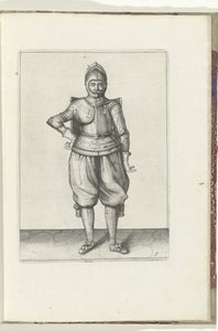 Die Übung mit dem Targe und Rapier: der Soldat in Ruhe mit dem Targe auf dem Rücken (Nr. 1), 1618 von Adam van Breen