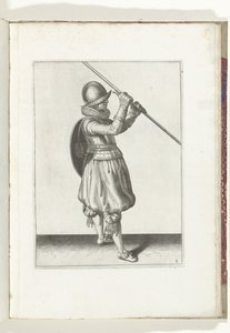 Die Übung mit Schild und Speer: der Soldat mit dem Speer schräg in beiden Händen und dem Schild auf dem Rücken (Nr. 2), 1618 von Adam van Breen