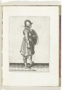 Die Übung mit Schild und Speer: der Soldat mit dem Schild bereit und der Speer neben seinem rechten Fuß auf dem Boden (Nr. 17), 1618