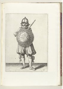 Übung mit Schild und Speer: der Soldat steht in Ruhe, sein Rapier ruht auf der linken Schulter hinter dem Schild (Nr. 23), 1618