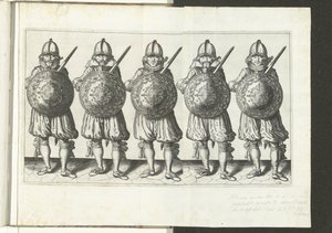Die Übung mit Schild und Speer: fünf Soldaten stehen nebeneinander in der Reihe mit dem Rapier in der rechten Hand und dem Schild vor der Brust (Nr. 32), 1618 von Adam van Breen