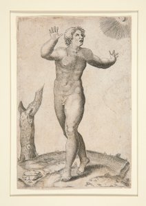 Ein nackter Mann, der erschrocken ist, weil er gleichzeitig den Mond und die Sonne am Himmel sieht von Adamo Scultori