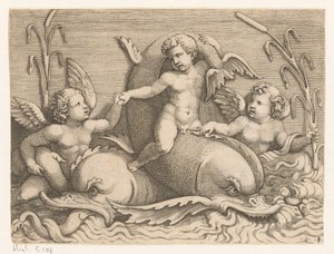 Drei Putti mit Delfinen