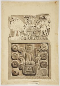 Steinrelief aus Mexiko-Stadt mit zwei Kriegerfiguren und einem dekorierten Tisch von Adela Breton