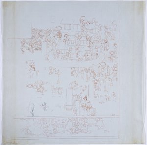 Kopie eines vollständigen Wandgemäldes von der Westwand, Oberer Tempel der Jaguare, Chichen Itza, Mexiko, Innerer Raum an der Westwand, gezeichnet in roter Tinte von Adela Breton