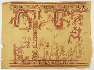 Design von einem Topf aus Belize (ehemals Britisch-Honduras). Design beinhaltet menschliche Figuren und gefiederte Schlangen von Adela Breton